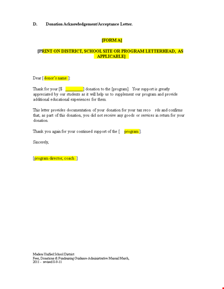 donation acknowledgement administrative letter template | project, school, purchase program option template
