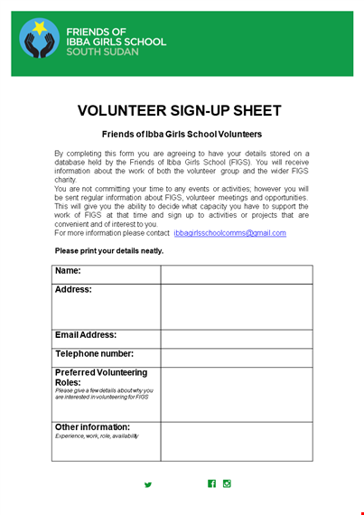 volunteer form for figs: get information and submit volunteer details template