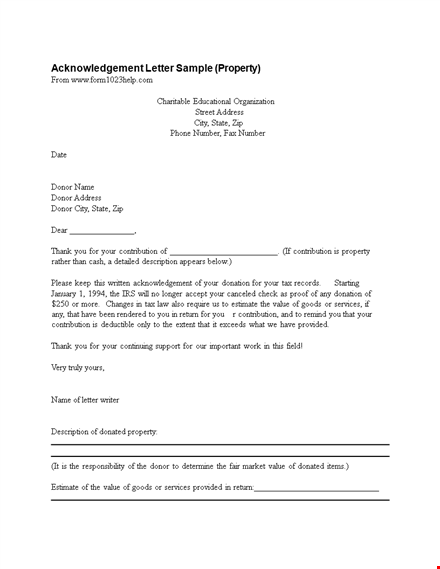 property donor acknowledge letter sample template