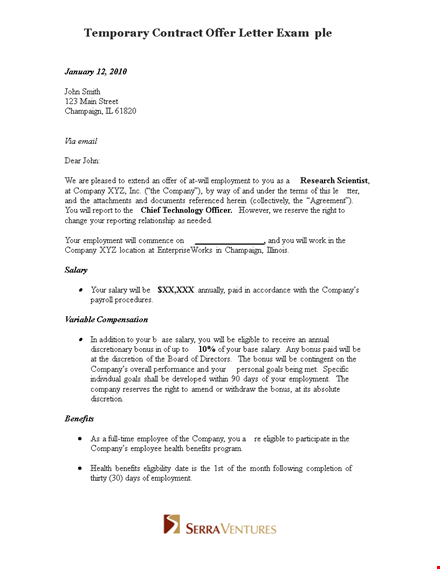 temporary contract offer letter example template