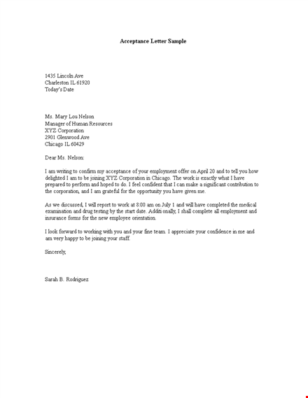 sample employment offer acceptance letter - nelson corporation template