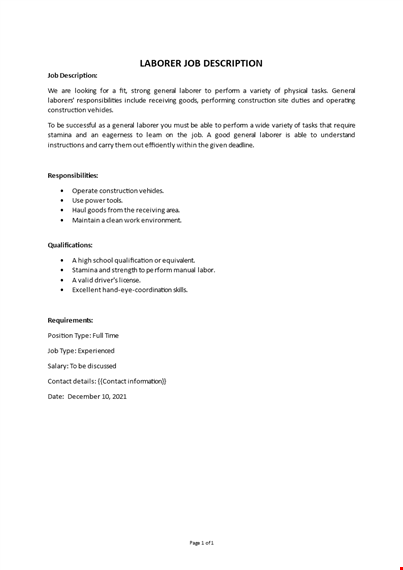 laborer job description template