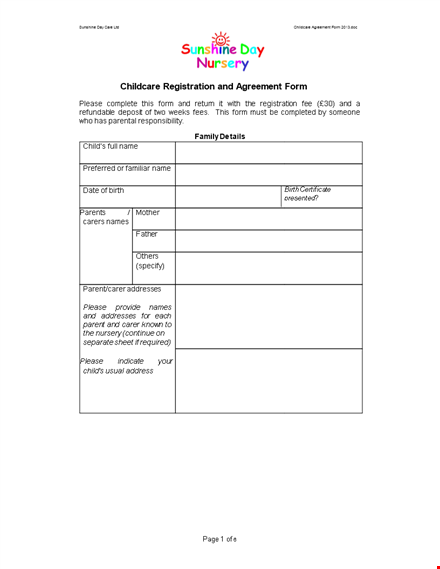 childcare registration agreement form template