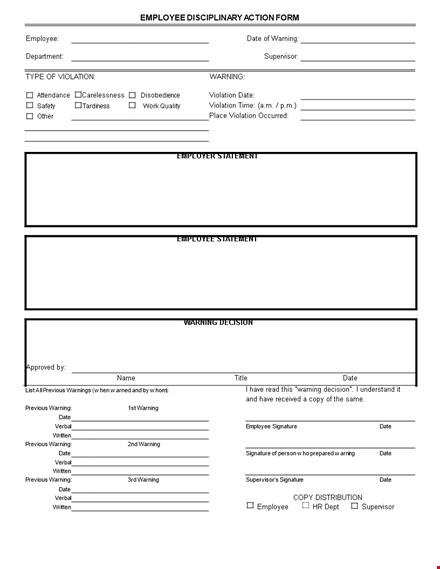employee disciplinary action form | warning for previous violation template