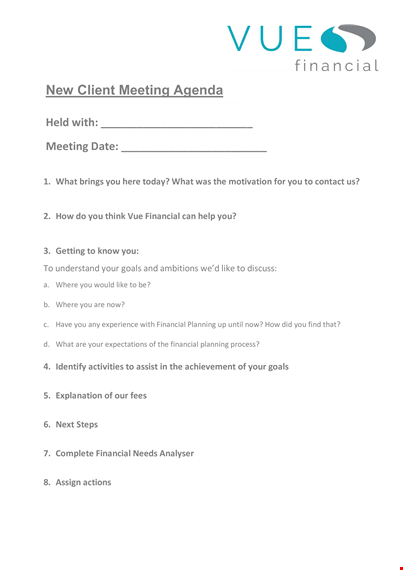 create an effective new client meeting agenda to streamline financial planning and set goals template