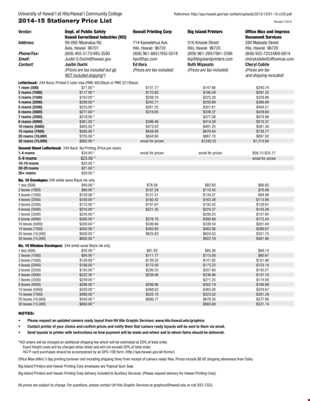 stationery price list template