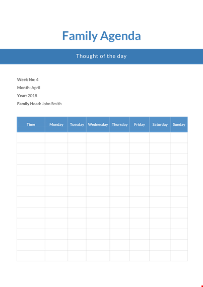 family agenda template - organize your family's thoughts and activities template