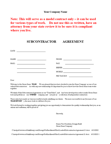subcontractor agreement | protect your business with a comprehensive contract template