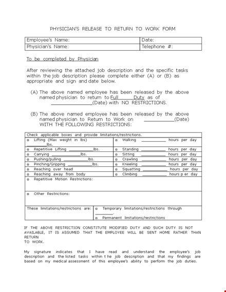 doctor release note for work - get employee hours and physician restrictions template