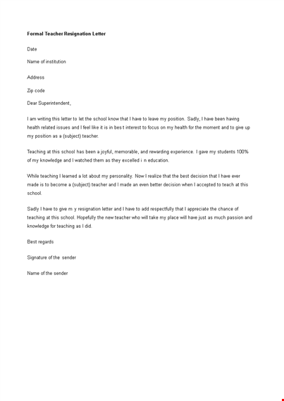 formal teacher resignation letter template