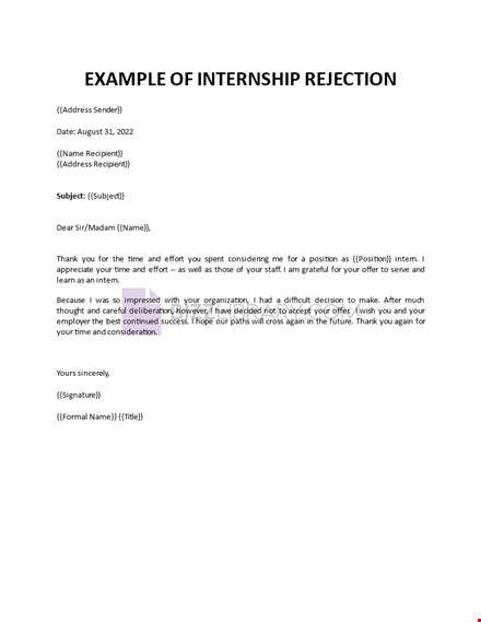 internship rejection letter template template
