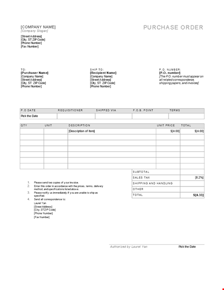 create a purchase order | company | po number | street address template
