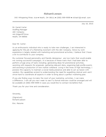 marketing assistant application letter template
