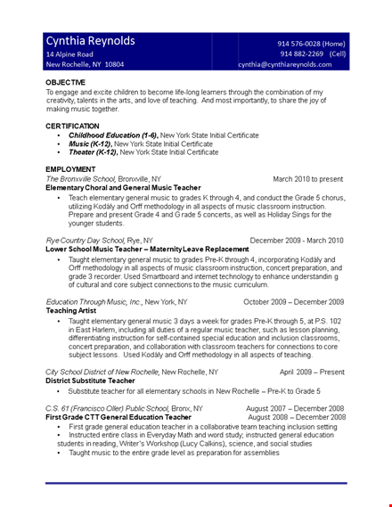experienced elementary music teacher resume template