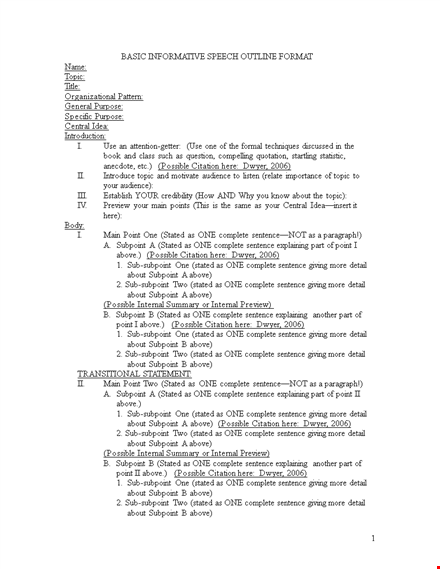 an effective outline for an informative speech: above, complete sentence, stated subpoints template