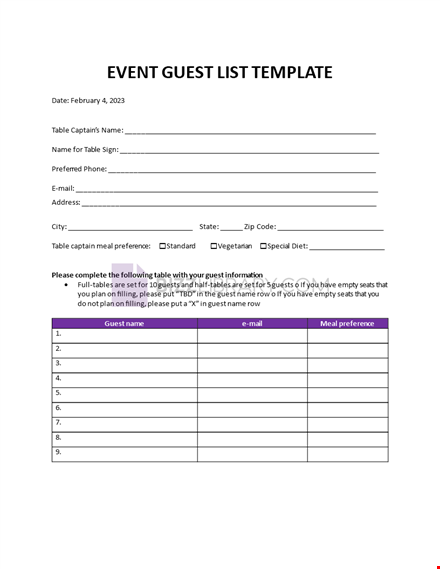 event guest list template template