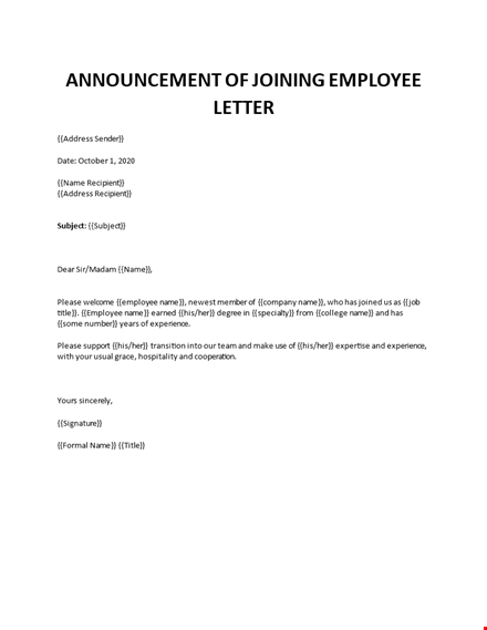 announcement of joining employee letter  template