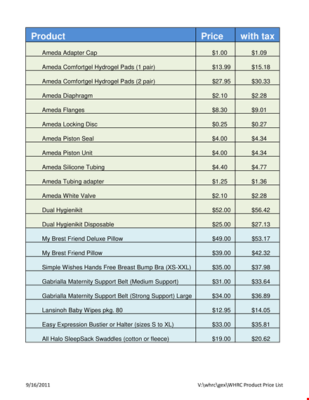 whrc product price list template