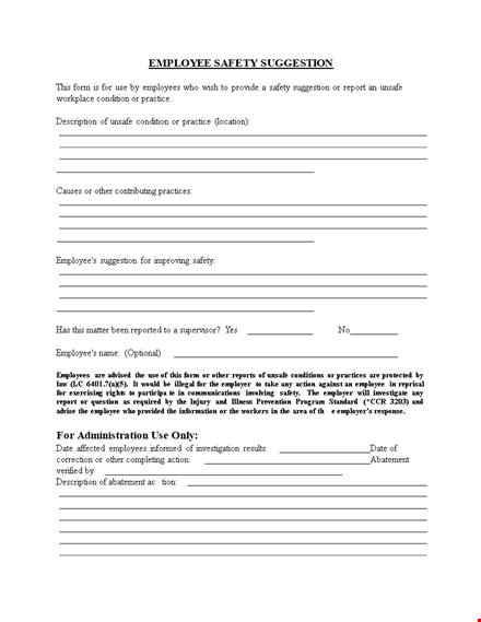 employee safety suggestion form template