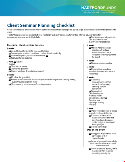 client seminar planning checklist: advisor tips for engaging their clients in 4 weeks template