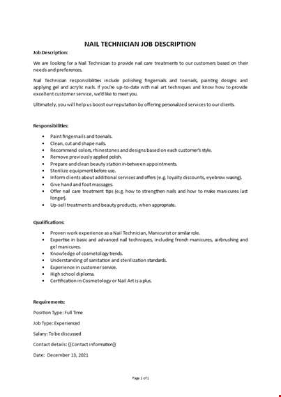 nail technician job description template