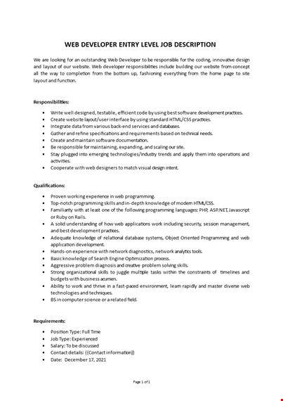 web developer entry level job description template