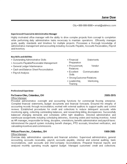financial office manager resume template