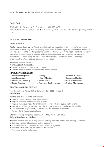 experienced babysitter resume template