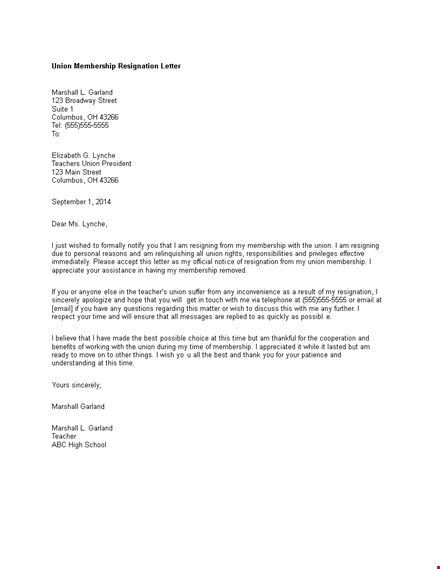 union membership resignation letter template