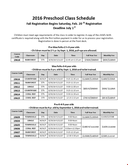 preschool class schedule template - free printable | customize and organize template