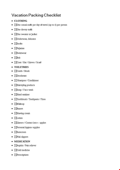 vacation packing checklist template template