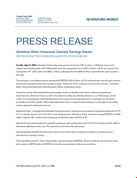 free press release template | boost your earnings with million dollar adventure works in q1 template