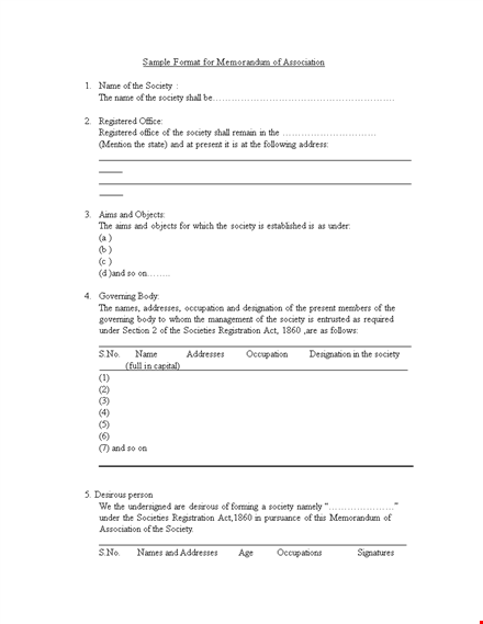 memorandum of association format - signatures, members, society | shall memo template