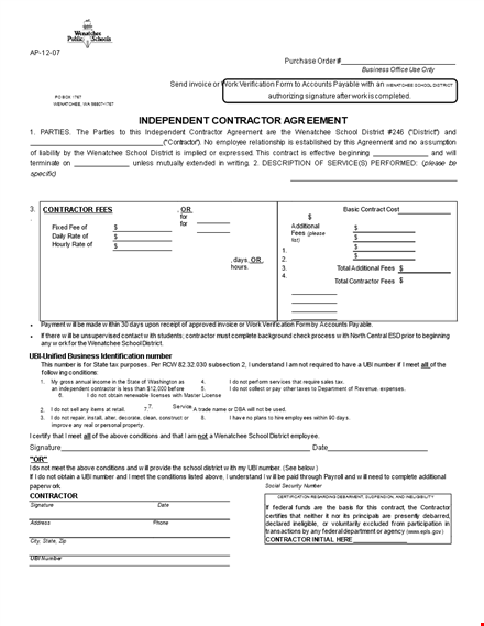 independent contractor agreement for schools - contractor number and district template