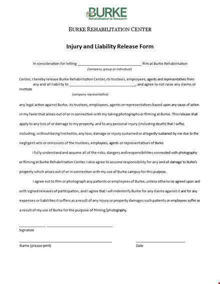 release of liability injury form for employees at burke rehabilitation center template