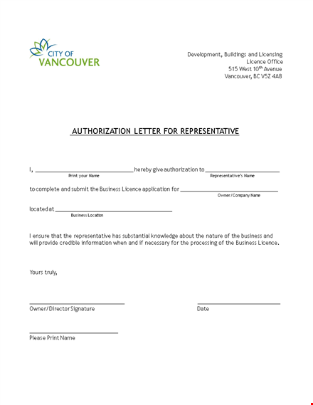 letter of authorization for representative - simplified business licensing in vancouver template