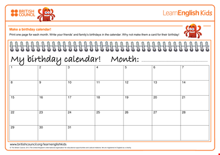 monthly birthday calendar template template