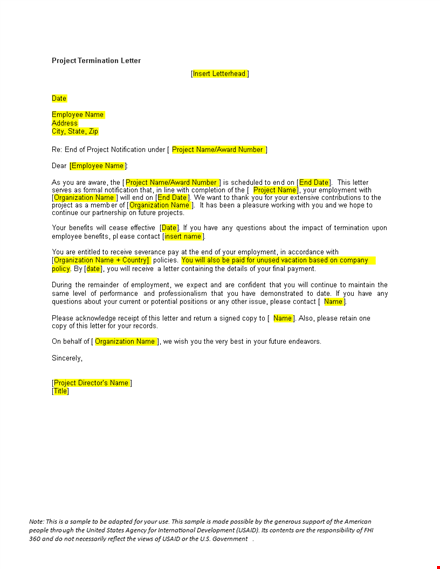sample project termination letter template