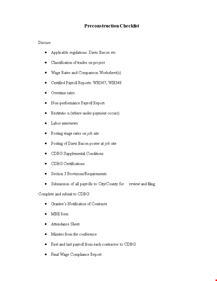 pre construction checklist template template