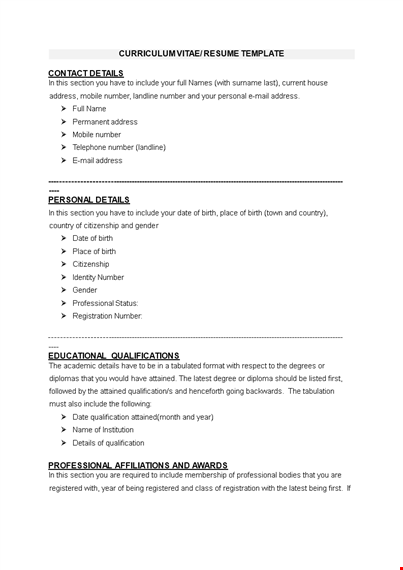 professional curriculum vitae template - easy to use with clear details and section numbers template