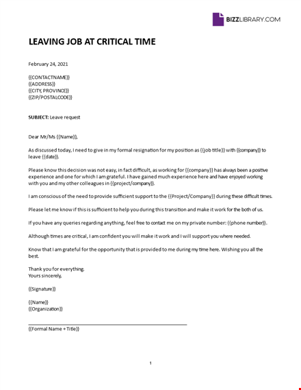 leaving job at critical time letter template