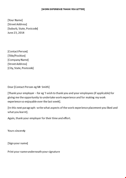 work experience thank you letter example template