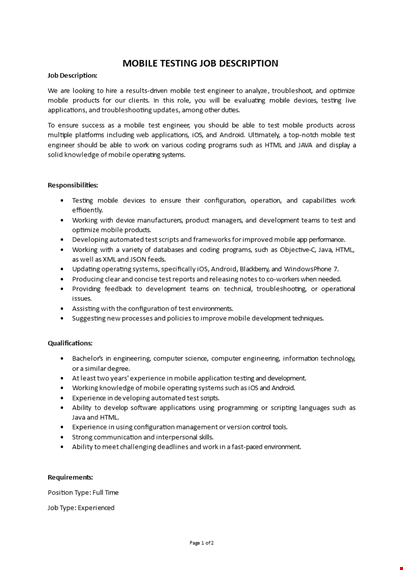 mobile testing job description template