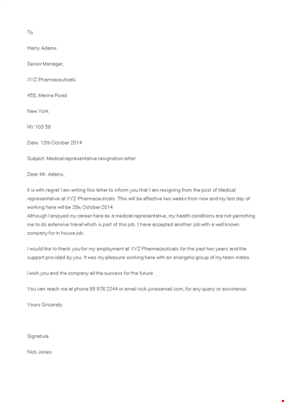 medical representative resignation letter template
