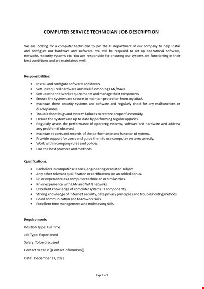 it service technician job description template