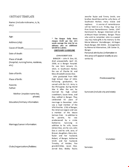 obituary samples pdf - death, obituary & place in bangor template
