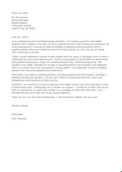 nursing assistant cover letter template