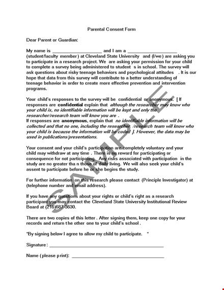 download parental consent form template for research, survey & information | ensure child safety template