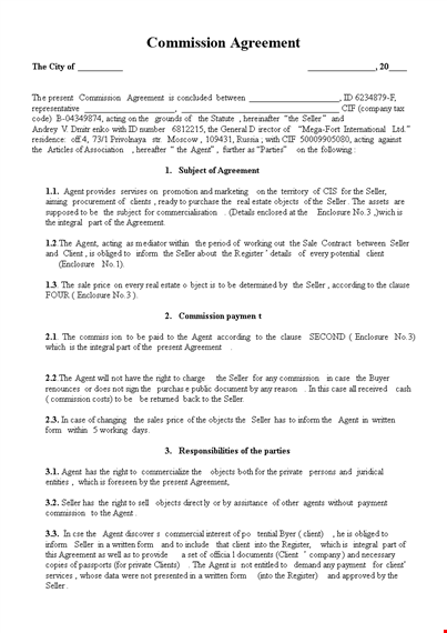commission agreement template for agents and sellers template