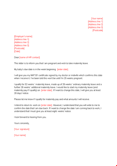 maternity leave application letter template